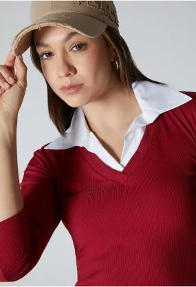 Blusa manga larga con cuello en contrast