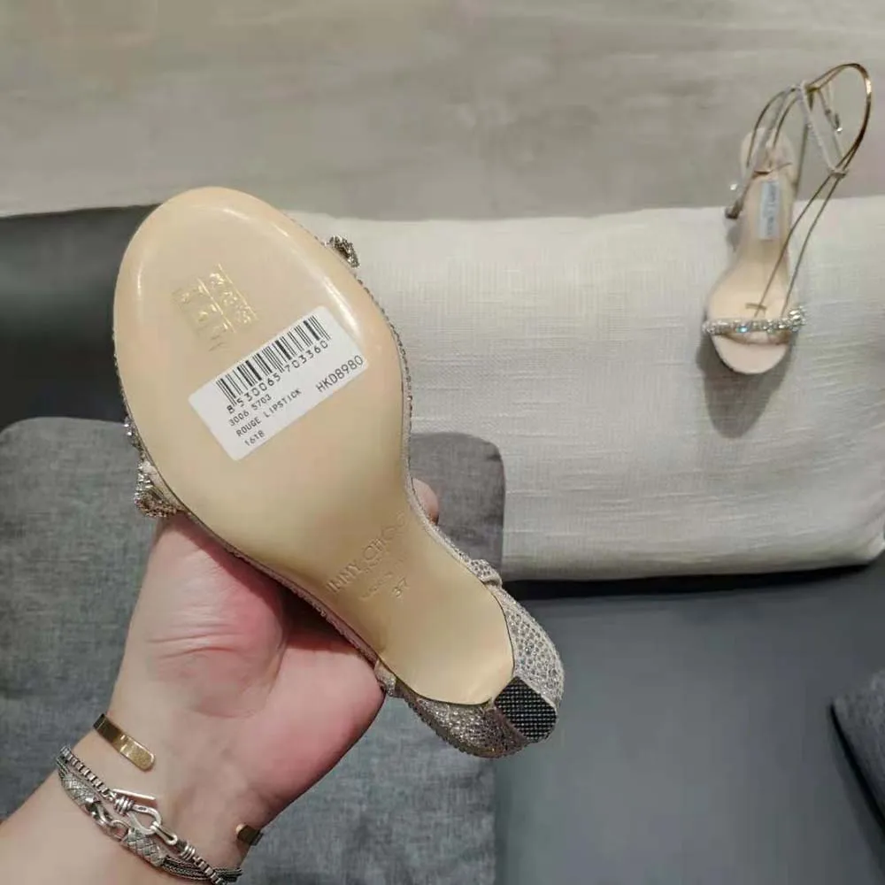 Jimmy Choo Sandalias Thyra 100 de ante color nude con detalle de cordón de cristal Pavu00e9 para mujer