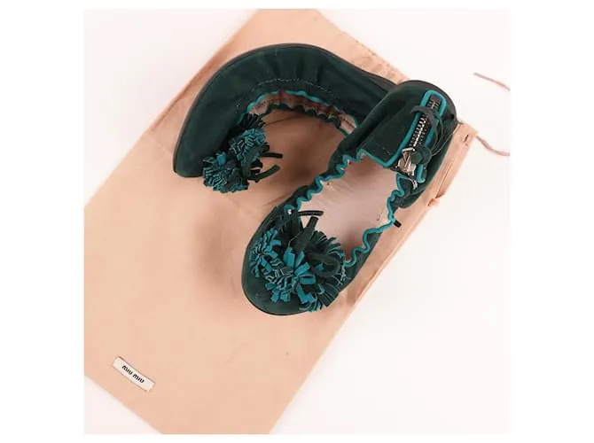 Miu Miu Bailarinas de Ante Verde Oscuro con Flecos y Lazo 5F8189 F005 
